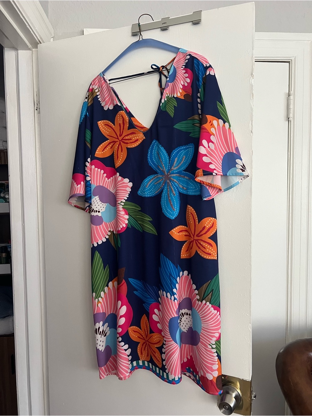 Women's XL Floral V-Neck Shift Dress - Navy Multi